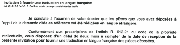 Délai de deux mois pour fournir une traduction à l'INPI de la demande